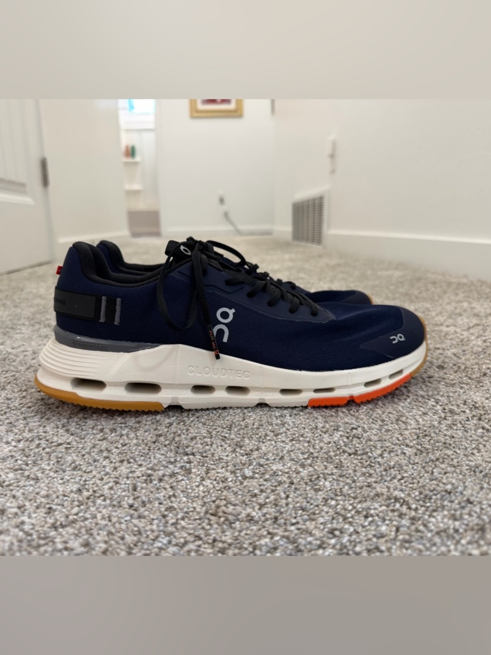 On Men's Cloudtec Running Shoes - Navy/White with Orange Accent
